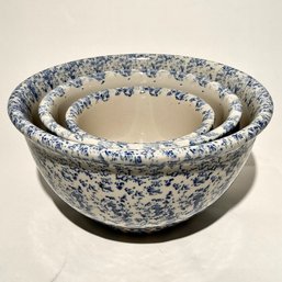 #361 Set Of Vintage Blue And White Spongeware Mixing Bowls