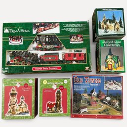 #147 Large Collection Of Christmas Holiday Village Pieces, Village, Train And Lighthouses