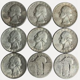 #301 Set Of Seven (7) United States Washington Quarters And Two (2) Standing Liberty Quarters 55g