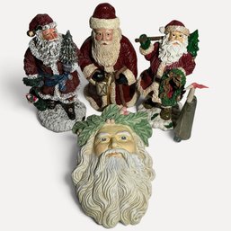 #476 Set Of Five (5) Vintage Old World Style Santa Claus Resin Statues And Wall Plaque