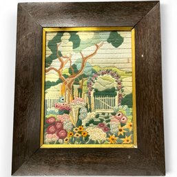 #227 Vintage Needlepoint Embroidery Garden Framed Picture 19.5' X 16.75'