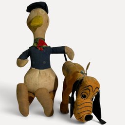 #073 Set Of Two (2) Vintage Early Disney Character Dolls, Donald Duck And Pluto