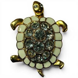 #358 Vintage Gold Tone Bright White Rhinestone Turtle Brooch 2.5' X 1.75'
