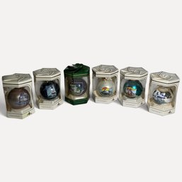 #119 Set Of Six (6) Vintage Thomas Kinkade 'Seaside Reflections' Hand-Painted Fine Glass Ornaments 6' X 4'