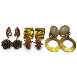 #344 Set Of Five (5) Vintage Pairs Of Gold-Tone Clip-On Fashion Earrings Or Pins, Various Brands