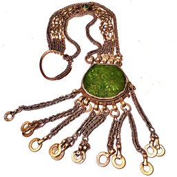 #389 Vintage Metal Tassel Pendant Hair Ornament With Large Green Stone 13.5'