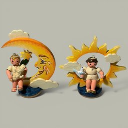 #124 Hubrig Volkskunst Angel Boy With Moon And Sheep And Angel With Sun And Doves Wooden Figurines 4'