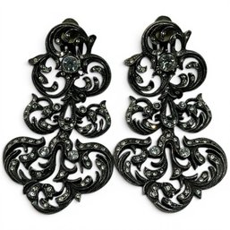 #348 Vintage Dark Filigree Clip-On Earrings With Sparkling Crystals 2.75' X 1.5'