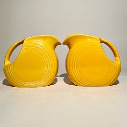 #080 Pair Of Vintage Yellow Fiestaware Small Disk Pitchers, Yellow 6'