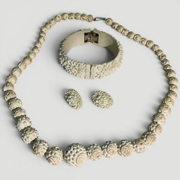 #205 Antique Hand-Carved Beaded Celluloid Floral Jewelry Set