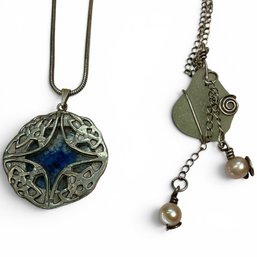 #365 Set Of Two (2) Chain Necklaces, Green Sea Glass With Two Pearls And Silver Celtic Knot