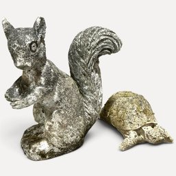 #470 Lot Of (2) Textured Concrete Moss-Covered Garden Sculptures Squirrel (10'H X 8'L) And Turtle (3'H X 8'L)
