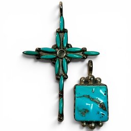 #349 Set Of Two (2) Vintage Sterling Silver Turquoise Pendants, Cross And Square 7.46g