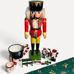 #489 Set Of Eight (8) Traditional Christmas Holiday Decorations, Nutcracker, Tree Skirt, Santa Figure And More