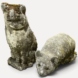 #469 Lot Of (2) Vintage Textured Concrete Moss-Covered Garden Cat Sculptures (12.5'H X 7'L) And (6.5'H X 15'L)