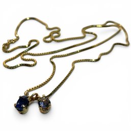 #346 Vintage Italian 14K Yellow Gold Box Chain Necklace With2 Blue Gemstone / Sapphire Pendants 5.15g 24'