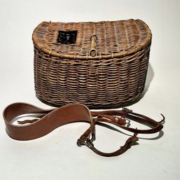 #242 Vintage Wicker Fishing Creel With Leather Strap 8' X 13'