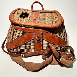 #244 Vintage Wicker Fishing Creel With Leather Strap 7' X 14'