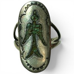 #357 Vintage Sterling Silver Oval-Shaped Green Turquoise Native American Thunderbird Ring 3.84g