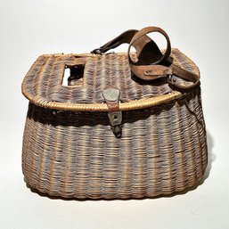 #237 Vintage Wicker Fishing Creel With Leather Strap 10' X 16'