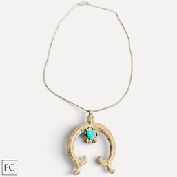 #258 Vintage Handcrafted Navajo Sandcast Unmarked Sterling Silver And Turquoise Naja Pendant W/ Chain