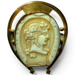 #361 Antique Victorian Hand-Carved Goddess Cameo Brooch With Gold Frame 1.75' X 1.5'