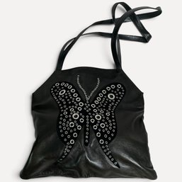 #212 Vintage Butterfly Design Black Leather Tote 11' X 12.5'