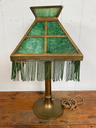 01 Vintage Green Slag Glass Bead Fringe Brass Tiffany Style Table Lamp