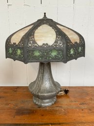02 Antique Slag Glass Silver Art Nouveau Table Lamp