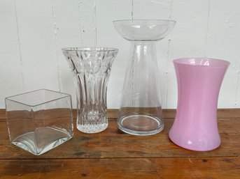 04 Lot Of Four Unmarked Glass Vases, Cut Glass, Pink Glass