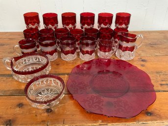 06 Vintage Set Of 22 Ruby/Cranberry Flashed Cut Glassware