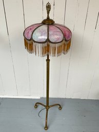 15 Antique Pink Stained Glass Tiffany Style Brass Beaded Fringe Floor Lamp