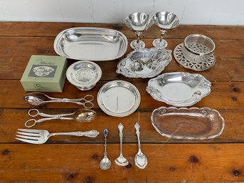 20 Lot Of 17 Vintage Silver Plated Set, Cocktail Glasses, Utensils, Serving Dishes