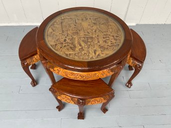 30 Vintage Chinese Ornately Carved Golden Brown Wood Glass Top Coffee Table W/ 4 Seats