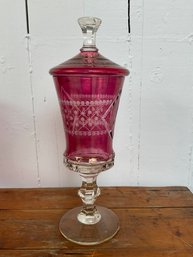 35 Vintage Cranberry Cut To Clear Crystal Candy Jar