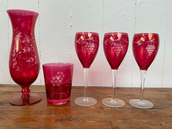 36 Lot Of 5 Vintage Cranberry Cut Crystal Etched Grapes Glassware, Wine Glasses, Cup, Vases