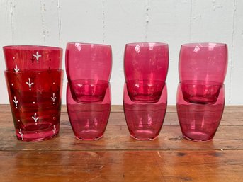37 Lot Of 8 Vintage Cranberry Glass Cups
