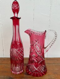 38 Lot Of 2 Vintage Cranberry Cut To Clear Crystal Glass Decanter And Pitcher