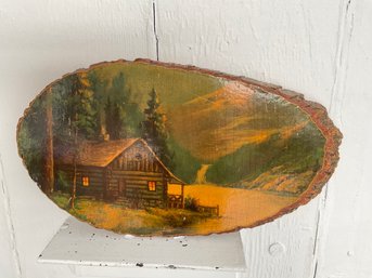 77 Vintage Handmade Wood Slice Plaque Mountain Lake Side Cabin Scene
