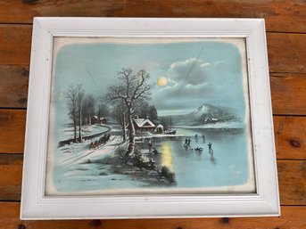 99 Antique 1902 Joseph Hoover And Sons 'Winter Moonlite Montana' Ice Skating Scene Print