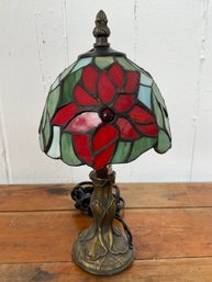 124 Vintage Mini Stained Glass Mosaic Style Floral Shade Brass Table Lamp