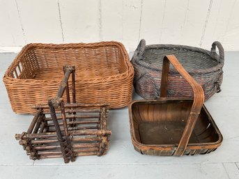 130 Lot Of Four Vintage Wicker, Rattan, And Wood Baskets
