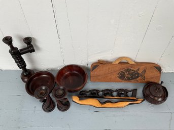 133 Lot Of Eight Carved Wood, Bowls, Candlesticks, Mancala, Carved Figurine