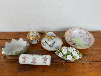134 Lot Of Nine Ceramic China, Bowl, Rolling Pin, Bathtub Floral Bouquet, W. A. Pickard China