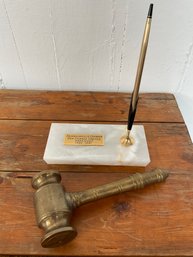135 Lot Of Two Vintage Office Desk Decor, Andersonville Chamber Gavel, Dennis Sawyer Marble Inkwell