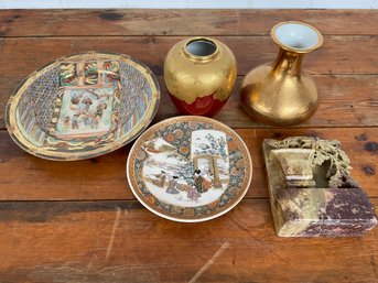 136 Lot Of 5  Vintage Gold Porcelain Pieces, Vases, Hand Painted Plates, Marble/Stone Carved Bookend