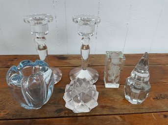 139 Lot Of Six Crystal Pieces, Candlesticks, Candle Holders, Inkwell