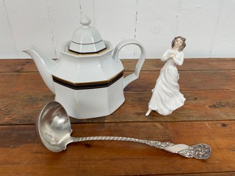 140 Miscellaneous Lot Of Three, Tea Pot, Silver Plated Latel, Royal Doulton Figurine