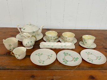 141 Vintage Belleek Green Clover Woven Basket Style Set Of 15