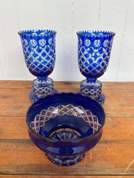 143 Lot Of Three Cut To Clear Blue Crystal Vases And Bowl/Dish